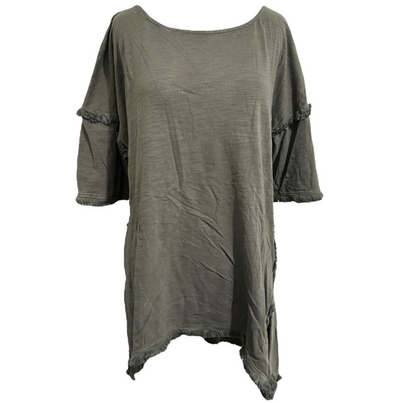 Umgee Green Lagenlook Drop Sleeve Tunic Top Fringe Trim Detail Size Large - Picture 2 of 7